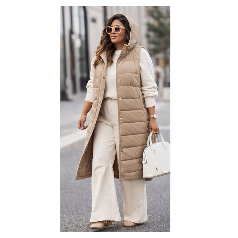 Long Hooded Puffer Vest in Taupe